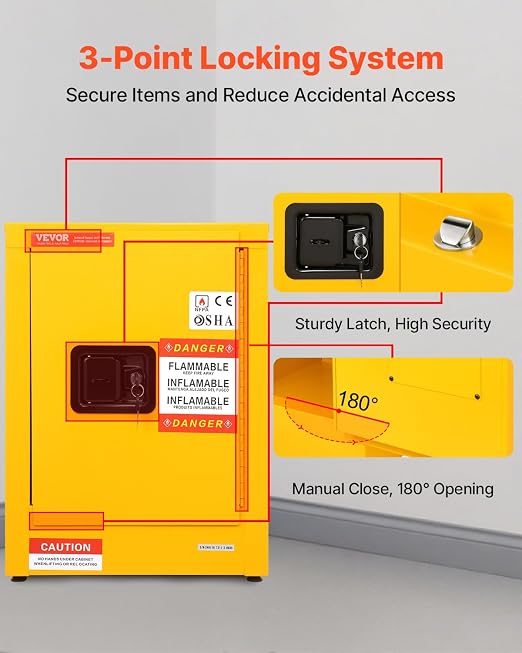 VEVOR Flammable Cabinet 17" x 17" x 22", 12 GalCold-Rolled Steel Flammable Liquid Storage Cabinet, Explosion Proof with 1 Adjustable Shelf 1 Door for Commercial Industrial Use, Yellow - Image 7