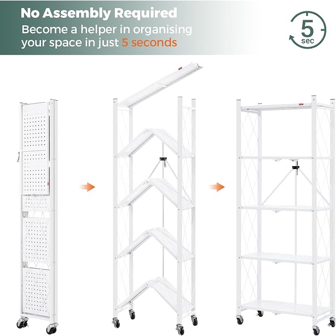 DEANIC 5-Shelf Folding Bookcase with Wheels, Rolling Bookshelf Heavy Duty Storage Shelves, Freestanding Metal Wire Shelving Unit for Living Room, Office, Kitchen, Basement, Pantry (White) - Image 4