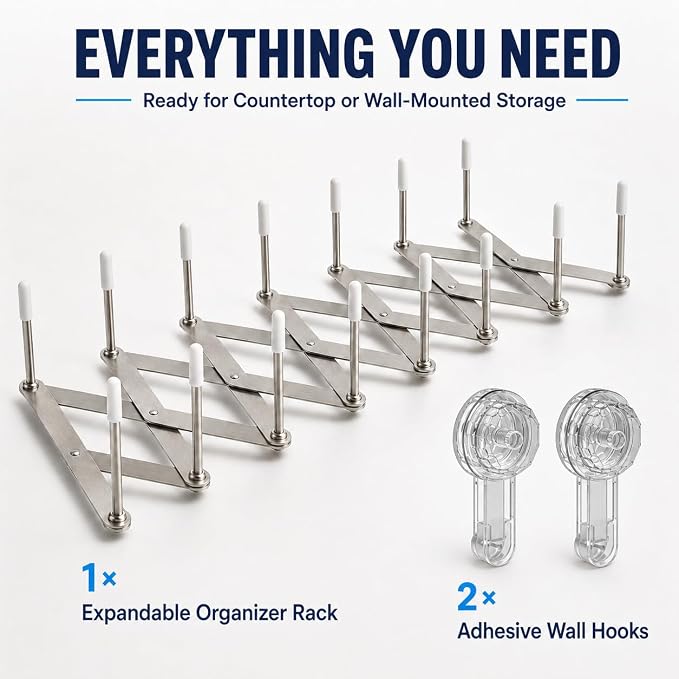 Expandable Pot Lid Organizer, Multi-Use Kitchen and Bathroom Wall Holder | Organizes pot lids, plates and cutting boards, or mounts on kitchen and bathroom walls to hold utensils, cloths and towels. - Image 3