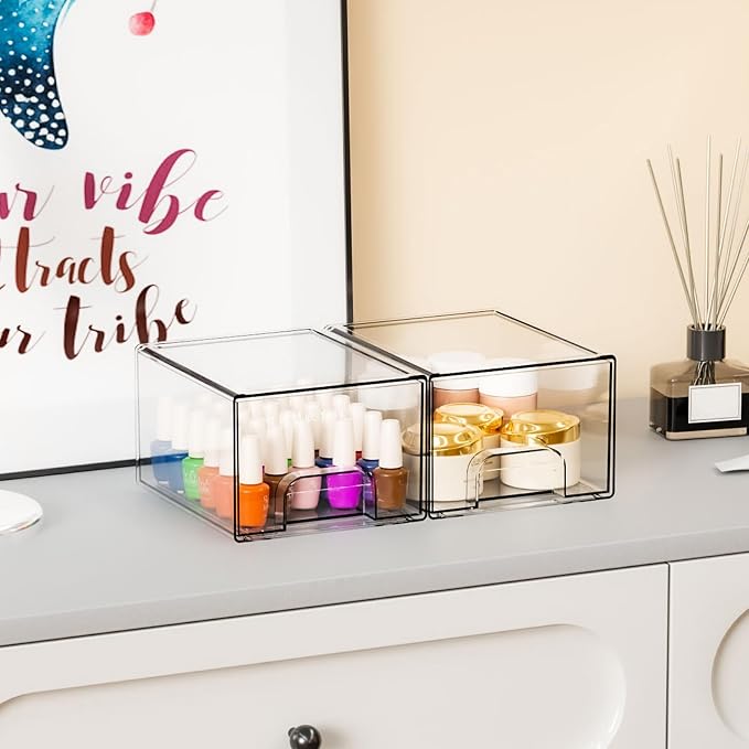 4.4" Tall Small Clear Acrylic Stackable Storage Drawers for Vanity,Under Sink,Bathroom Closet,Medicine Cabinet Organization and Plastic Storage Bins for Organizing Makeup,Baby Bottles,Pacifier,2 PCS - Image 2