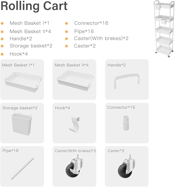 5 Tier Rolling Utility Cart with Handle,REBECAT Utility Cart Made of Multifunctional Storage Organizer Tool for Kitchen,Bathroom,Living Room,Office(White) - Image 4