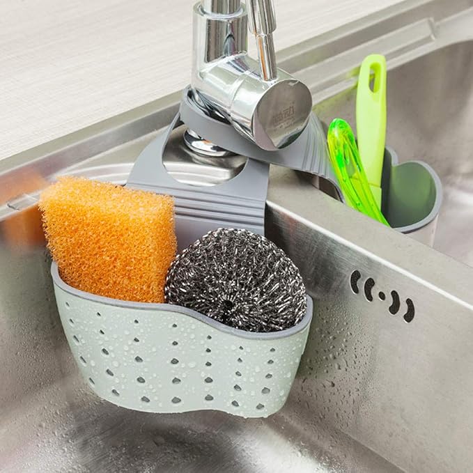 EC ELEGANTCHARM Kitchen Sink Caddy Sponge Holder Silicone Plastic Soap Holder Hanging Ajustable Strap Faucet Caddy with Drain Holes for Drying - Image 7