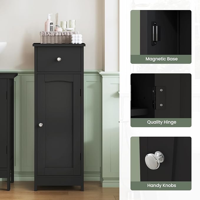 Iwell Bathroom Storage Cabinet, Small Bathroom Floor Cabinet with Drawer & Storage Shelf, Free-Standing Organizer Cabinets for Hallway/Living Room, Black - Image 7