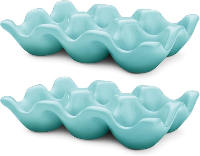 Flexzion Porcelain Egg Crate - 6-Egg Capacity Ceramic Egg Tray, Half Dozen Egg Holder for Fridge, Countertop Display - Blue Decorative Serving Dish and Storage Organizer, 2 Pack - Image 2