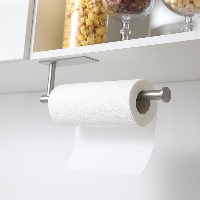theaoo Under Cabinet Paper Towel Holder for Kitchen, Wall Mount, Silver | Adhesive Paper Towel Roll Rack for Bathroom or Kitchen, SUS304 Stainless Steel, Self-Adhesive or Screw Installation - Image 2