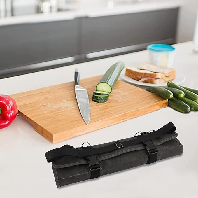 Chef’s Knife Roll Bag,Waxed Canvas Knife Cultery Carrier, Portable Chef Knife Cases,Knife Pouch Holders With 10 Slots Plus 1 Zipper Pockets Can Hold Home Kitchen Knife Tools Up To 18.8” - Image 6