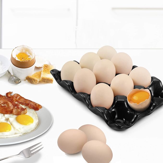 Flexzion 12 Cup Ceramic Egg Tray - Whole Dozen Porcelain Egg Holder Container Storage Organizer Decorative Serving Stand Serveware for Refrigerator Countertop - Image 3