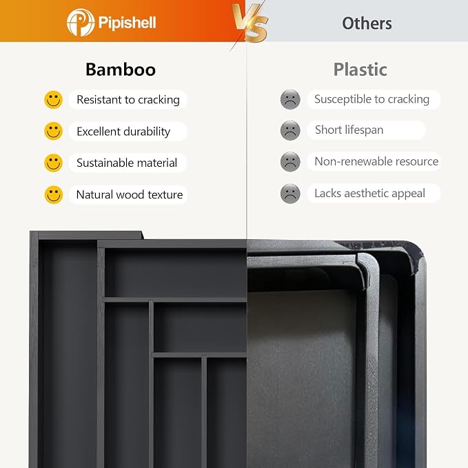 Pipishell Bamboo Expandable Drawer Organizer for Utensils Holder, Adjustable Cutlery Tray, Wood Drawer Dividers Organizer for Silverware, Flatware, Knives in Kitchen, Bedroom, Living Room (Black) - Image 5