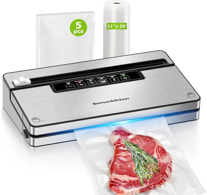 Bonsenkitchen Vacuum Sealer for Food, with Cutter&Bag Storage,Silver Black | 5 Modes Food Vacuum Sealer with Accessory Hose, for Meal Prep, Sous Vide, Bulk Storage,1 Roll & 5 Vacuum Bags by Bonsenkitchen