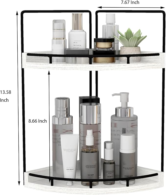 Dorhors 2-Tier Rustic White Corner Bathroom Shelf | 2-Tier Rustic White Rack Holder for Skincare,Perfume,Makeup,Lotion,Wood Sink Tray Stand for Kitchen,Restroom,Dresser - Image 3