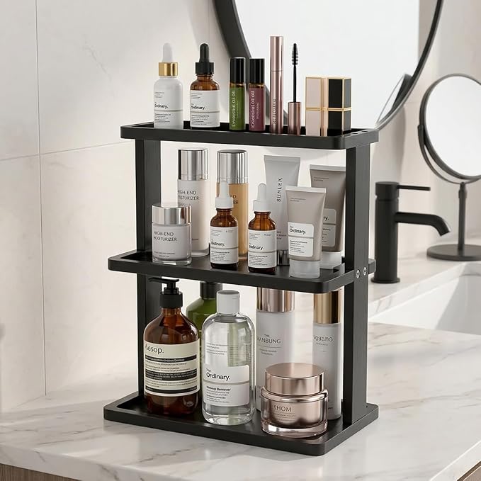 PEKER Bamboo Bathroom Organizer Countertop – Vanity Storage Shelf for Makeup, Perfume, Skincare – Natural Cosmetics Display Rack for Dresser, Sink, Kitchen – Black - Image 9
