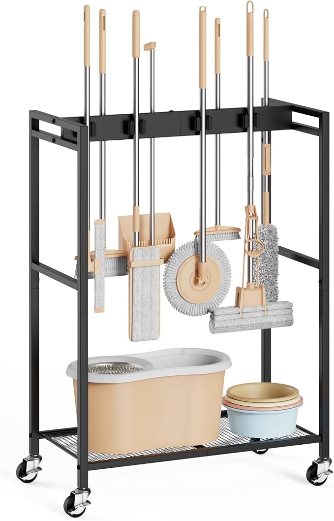 BORISI Broom And Mop Holder, Movable Broom Closet Storage Cabinet, Cleaning Cart with Mop Hanger Gripper Rack, Janitorial Cart, Utility Carts, Laundry Room Organization Home Essentials by BORISI