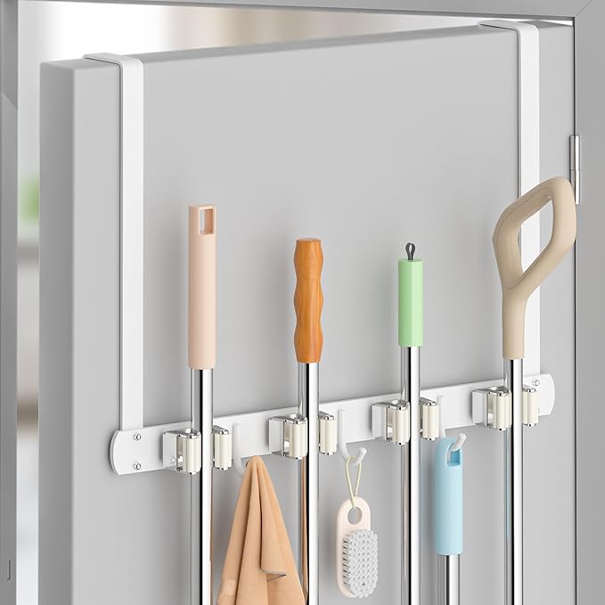 Broom Holder Over The Door with Hooks -304 Stainless Steel (White) | Save Space, Anti-Rust & Sturdy, Mop and Broom Holder Wall Mounted or Hanging Over The Door, for Garage Laundry Kitchen by PrimZootyDesign