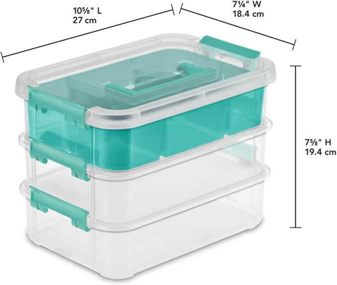 Sterilite 12 Pack Plastic Storage Box Container, 3 Layer, Stack and Carry, Clear/Blue - Image 2