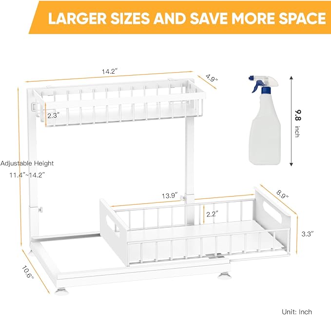 L-Shaped Under Sink Organizer, 2-Tier Pull-out Cabinet Rack 1-Pack | White Height-Adjustable Steel Rack, Sliding Grid Drawers with PP Liners, Holds 100 Lbs, Suction Base, Ideal Kitchen Storage - Image 7