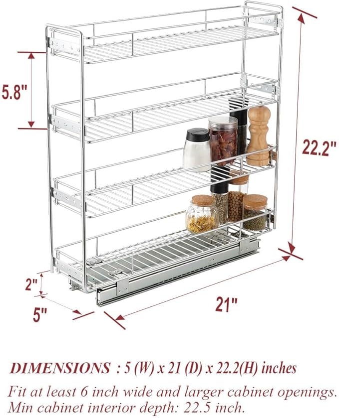 OCG 4-Tier Pull Out Kitchen Cabinet Spice Rack Holder Shelves (5" W x 21" D), Slide Out Slim Storage Wire Baskets for Storage Organization, Narrow Pull Out Storage for Narrow Space - Image 2