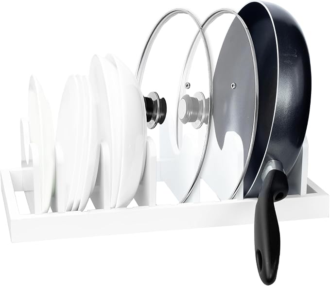 MinBoo Bamboo Pot Lid Organizer Pot Lid Holder, Pot and Pan Organizer Drawer Organizer for Pot Lids, Pans, Cutting Boards & Baking Sheets, Dinner Plates, Reusable Containers in Cabinet Storage,White by MinBoo
