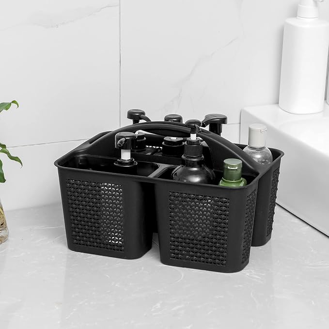 Plastic Portable Shower Caddy Basket with Handle, 3 Compartments, Black | Storage Organizer with Drain Holes, Sturdy and Durable For Bathroom, Kitchen, College Dorm, Sink, Camping - Image 2