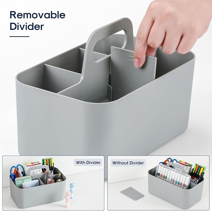 Multiuse Caddy Organizer with Handle, Portable Divided Plastic Tote Bin - Art Craft, Stationary Pen Marker Crayons, Makeup Hair Supplies Storage - Bathroom, Classroom, Dorm, Office, Desk Holder - Grey - Image 6