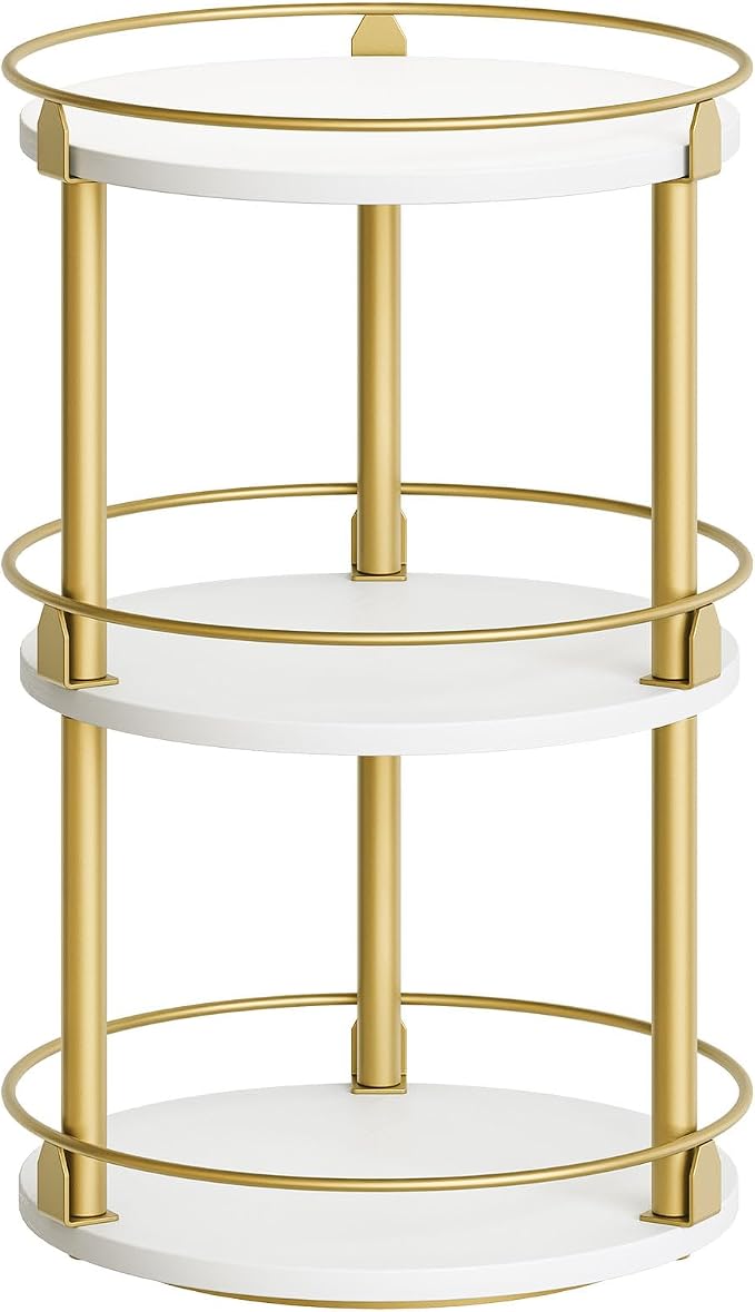 3-Tier Lazy Susan, Rotating Spice Rack, Spinning Organizer, Industrial Turntable Spice Rack for Cabinet, Kitchen Countertop, Pantry, White and Gold SR23DW by Yatiney