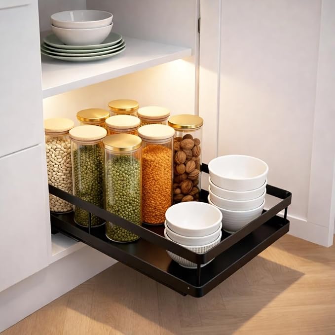 Pull Out Cabinet Organizer, 1-Tier Metal Slide Out Basket | Black metal mesh basket, smooth slide-out rail, no-drill adhesive setup, for frameless kitchen cabinets and pantry storage - Image 5