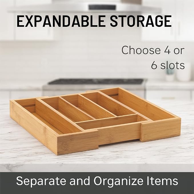 HIC Kitchen Expandable 6-Slot Silverware Cutlery Utensil Storage Tray, Natural Bamboo, Opens to 14-Inches - Image 3