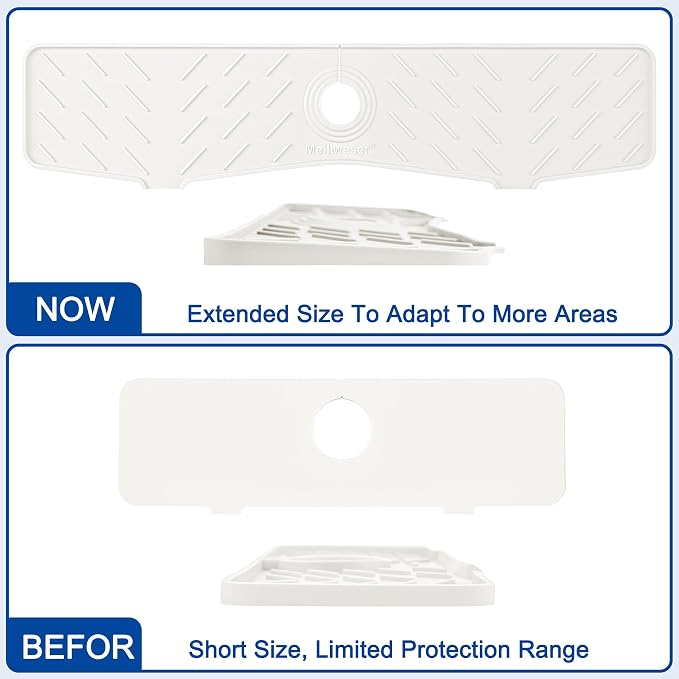 Faucet Mat for Kitchen Sink – 24” x 5.1” Extra-Long Silicone Splash Guard with 10° Slope & Upgraded Drainage – Gen 3 Sink Water Catcher & Sponge Holder for Kitchen, Bathroom (White) - Image 3