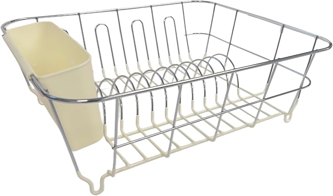 Dish Drying Rack & Cutlery Holder 2 Piece Set - Compact Sink-Fitting Dish Drainer with Rubberized Undercoating, Space-Saving Kitchen Organizer for Plates, Cups, Bowls & Utensils in Sink, Ivory by SweetHomeCollection