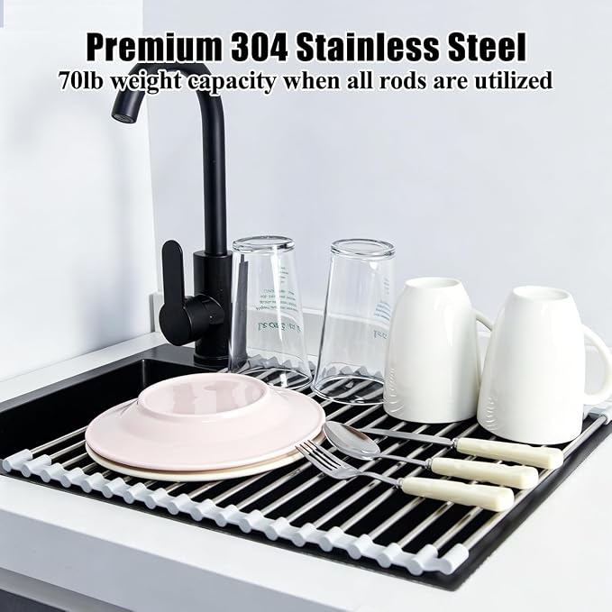 Roll Up Dish Drying Rack 17.5''x11.8'' Gray | Kitchen Rolling Dish Drainer, Foldable Sink Rack Mat Stainless Steel Wire Dish Drying Rack for Kitchen Sink Counter Storage - Image 5