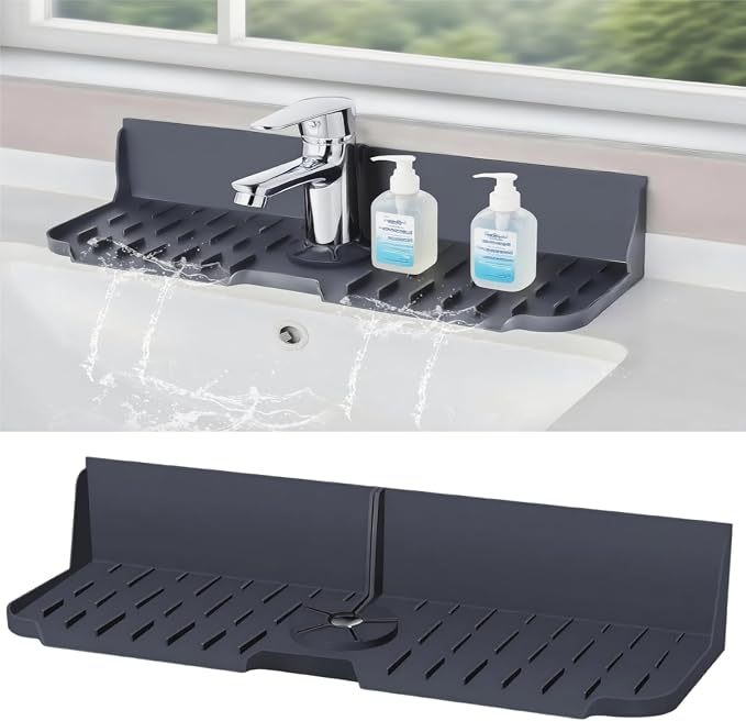 Sink Splash Guard Behind Faucet, Silicone Sink Faucet Drying Mat & Dish Soap Sponge Holder, 17" x 5.5" Silicone Kitchen Sink Auto Drain Organizer (Grey) by Unknown