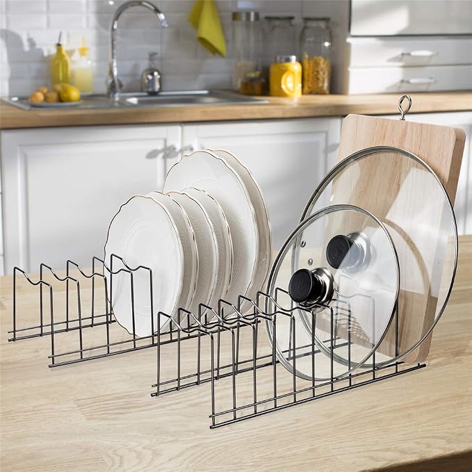 SANNO Pan Pot Lid Holder Organizer, Rack Kitchen Organizer for Plates, Cutting Boards Bakeware, Cooling, Pots & Pans, Serving Trays,Lids Holder Rack,Nickel, 10 Dividers - Image 5