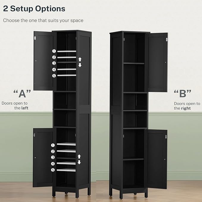 67" Tall Bathroom Cabinet with Adjustable Shelves and Doors | Narrow Bathroom Storage Cabinet for Small Space, Living Room, Entryway, Kitchen, Black - Image 5