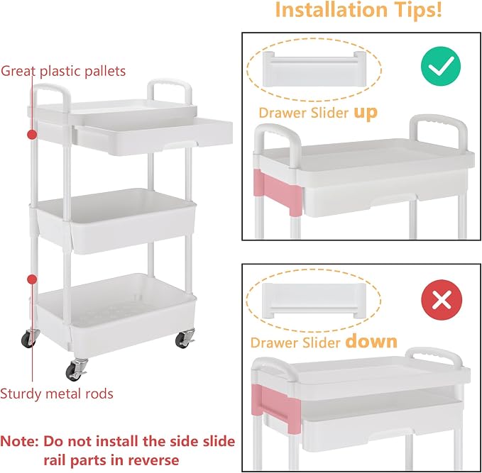Calmootey 3-Tier Utility Cart with Drawer & Wheels, Storage for Home,Office | Space-Saving Organizer, Sturdy Plastic Shelves, Smooth-Rolling Metal Wheels, Built-in Drawer for Small Items, White - Image 6