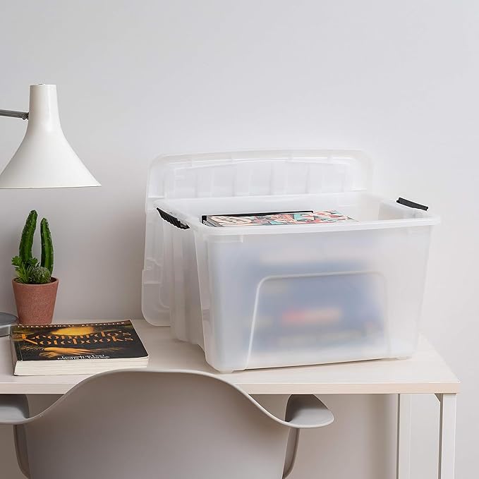 IRIS USA 6-Pack 40 Quart Storage Bins with Lids, Pearl | Conceals contents for a clean look. Perfect for moving, blankets, clothing, and garage storage. Nestable design saves space - Image 6