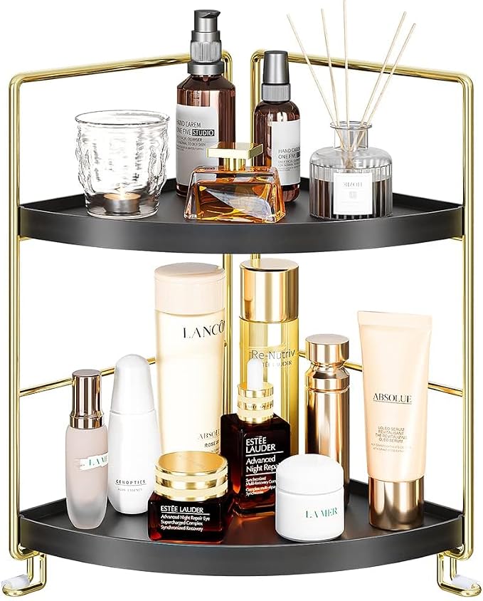 KINGNERWI 2-Tier Bathroom Counter Organizer, Vanity Corner Shelf, Black | Makeup Skincare Storage Tray, Small Countertop Rack, Stores Cosmetics, Perfume, Seasoning, Fits Sink and Dresser by KINGBERWI