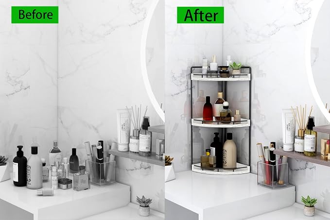 Dorhors Corner Bathroom Organizer Countertop,Vanity Counter Storage Shelf | 3 Tier Rustic White Stand Rack Holder for Kitchen,Dresser,Restroom,Wood Bathroom Sink Tray for Makeup,Perfume,Skincare,Lotion - Image 7