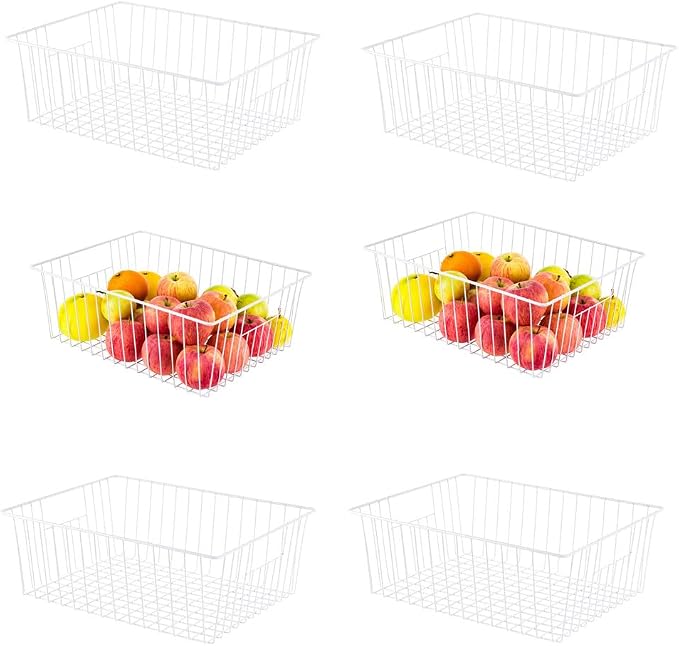 16" L x 12" W Wider Freezer Storage Organizer Baskets Container, Deep Metal Wire Chest Upright Refrigerator Divider Bins with Built-in Handles for Cabinet, Pantry, Closet, Kitchen, Pearl White by Y.Z.Bros