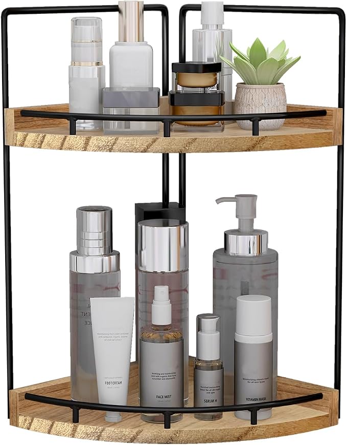 Dorhors Corner Bathroom Counter Organizer,Vanity Countertop Storage Shelf | 2-Tier Rustic Brown Rack Holder for Skincare,Perfume,Makeup,Lotion,Wood Sink Tray Stand for Kitchen,Restroom,Dresser by Dorhors