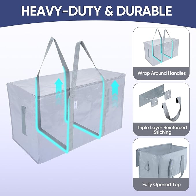 TICONN 4 Pack Extra Large Moving Bags Heavy Duty with Zippers & Carrying Handles, Durable Storage Bags Moving Boxes for Closet Organizers and Storage (4 Pack, Light Grey) - Image 3