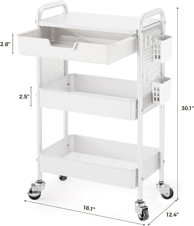 KINGBOARD 3 Tier Metal Rolling Cart with Drawer, White Utility Storage Cart | 2 Cups & 4 Hooks, Lockable Wheels, Trolley Organizer for Bathroom, Kitchen, Office, Nursery, Dorm, Laundry, Craft Room - Image 9