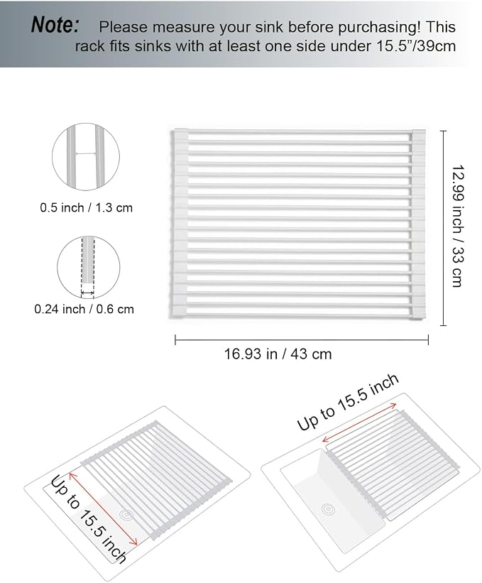 Roll Up Dish Drying Rack Over Sink, 16.93" x 12.99" Foldable Silicone Wrapped Stainless Steel Over The Sink Dish Drying Rack, White - Image 5
