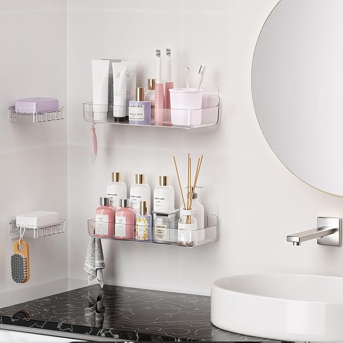 Crystal-Clear Shower Caddy with Soap Dish & Adhesive Pads, 2 Pack | Acrylic Wall Mounted Shower Shelves for Bathroom Organizers and Storage, No Drill for Bathroom Decor - Image 4