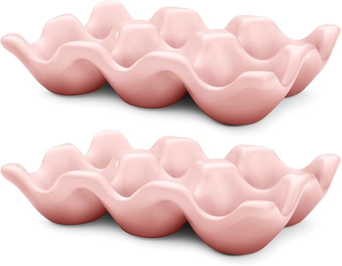 Flexzion Porcelain Egg Crate - 6-Egg Capacity Ceramic Egg Tray, Half Dozen Egg Holder for Fridge, Countertop Display - Pink Decorative Serving Dish and Storage Organizer, 2 Pack - Image 2