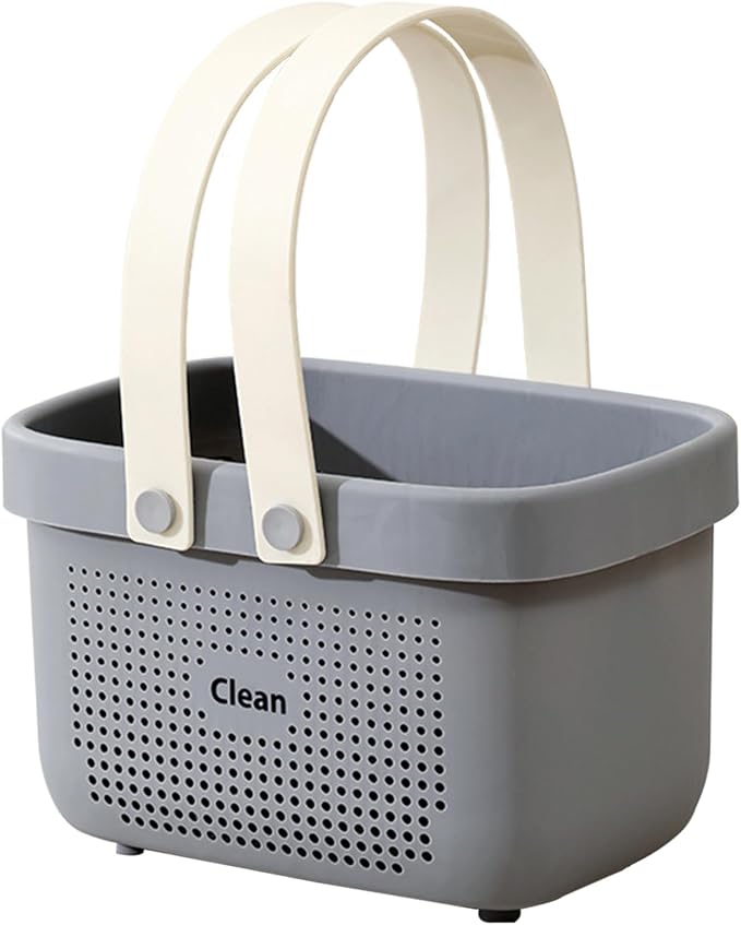 Portable Shower Caddy Basket with Handles Plastic Storage Basket Small Grey | Sturdy Drainage Large Capacity Organizer Basket with Silicone Handles for Bathroom Kitchen Bedroom College Dorm Essentials by JiatuA