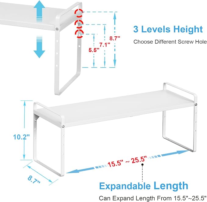15.5 to 25.5 Inch Expandable Kitchen Cabinet Organizer Shelf, 30 LBS Heavy Duty Stackable Kitchen Counter Storage Shelves Organizers, 2 Pack Adjustable Small Storage Shelf Rack For Cabinet Cupboard - Image 2