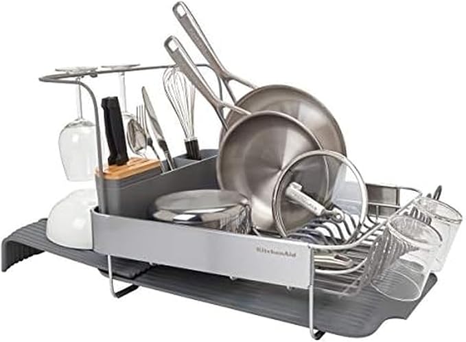 KitchenAid Compact to Full Size Expandable, Rust Resistant Satin Coated Dish Rack with Angled Self Draining Drain Board and Removable Flatware Caddy, 24-Inch, Charcoal by Unknown