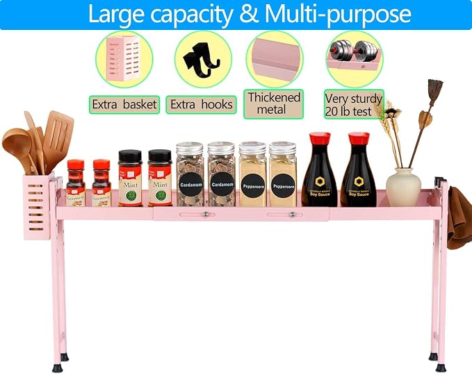 Horynar Stove Top Shelf with Extra Basket and Hooks Pink | Spice Rack Organizer Adjustable 27 to 32 Inches Over the Sink Spice Rack for Countertop (Pink) - Image 4