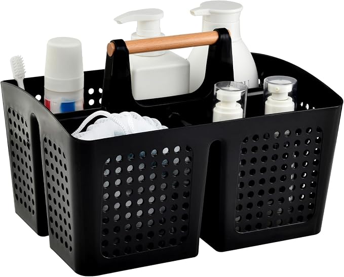 Portable Shower Caddy Basket with 3 Compartments and Handle, Black | Plastic Divided Cleaning Caddy Organizer for Bathrooms, Dorm Rooms, Gyms, Laundry Rooms, Garages and RV Storage by PAKCHOICE
