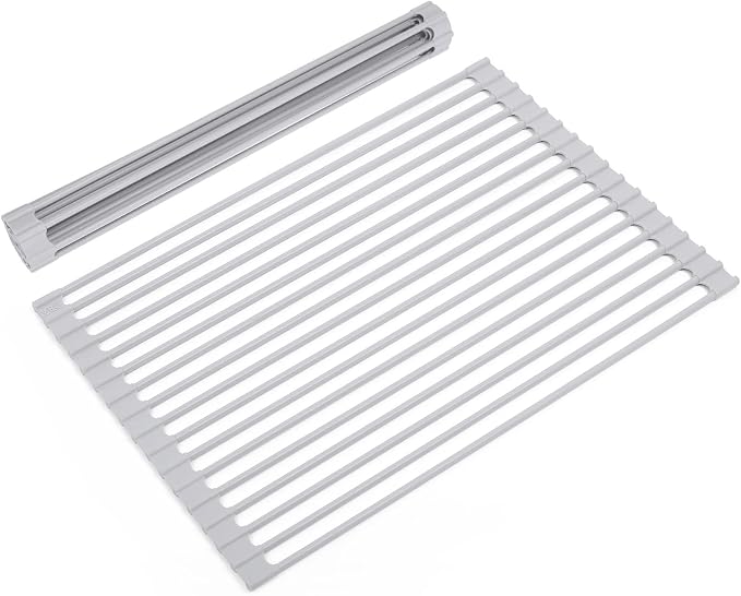 Roll Up Dish Drying Rack Over Sink, 17.5" x 13" Silicone Coated Stainless Steel Sink Drying Rack, Foldable Dish Drainer Rack for Kitchen Counter, Heat Resistant, Non-Slip, Space Saving, Gray by Unknown