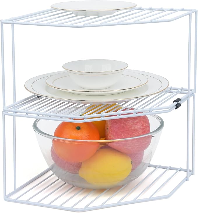 AKAZA 2Pcs 2-Tier Corner Stackable Organizer Shelf for Kitchen - Cabinet Storage Shelf Rack, Shelves，Kitchen Counter and Cabinet Shelf, Storage Rack Organizer (White) - Image 4